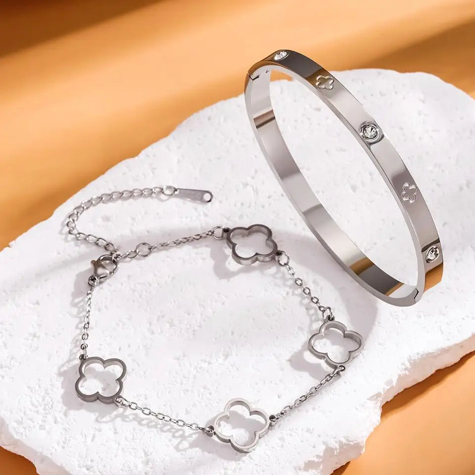 2Pcs Women's Lucky Clover And Heart Bracelet Set Stainless Steel Shiny Zircon Charm Party Jewelry Gift