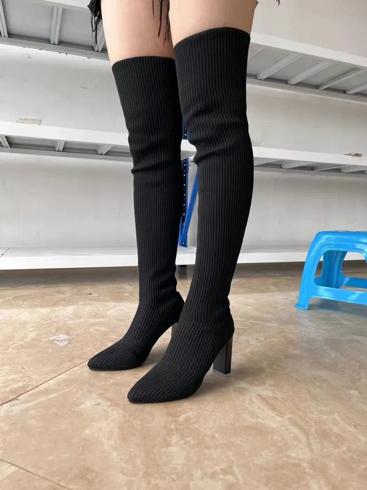 Botas femininas de cano alto, acima do joelho, meias elásticas de alta qualidade, botas para festa, sexy, salto de 9 cm, sapatos