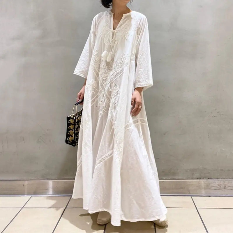 Elegante Vestido de Camisa Sólida Feminino Primavera Vestido de Verão Reto Vestidos Longos Manga Lanterna Maxi Vestidos Feminino Decote Em V Robe