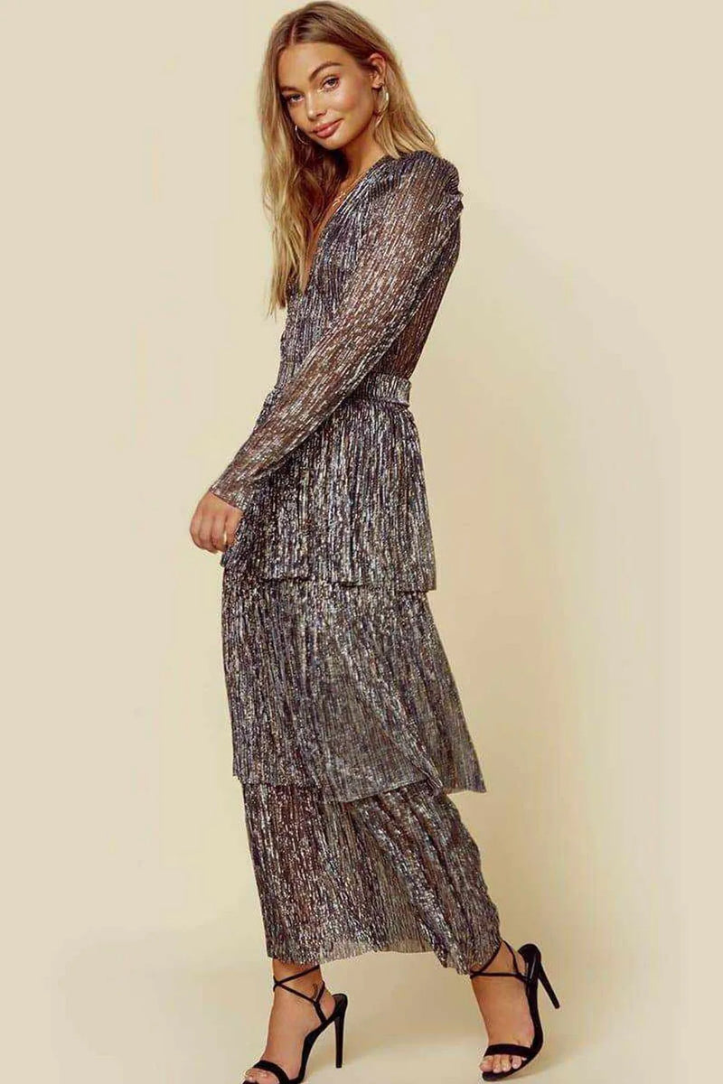 Vestido Feminino Plissado Costura Cintura Alta Vestido Feminino Manga Bufante Decote Em V Irregular Festa À Noite Vestido Elegante