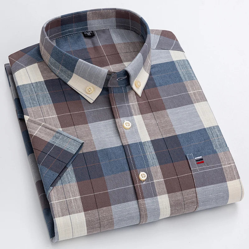 Men's Pure Cotton Oxford Short Sleeve Summer Casual Shirts Comfortable Standard-fit Button-down Plaid Solid Color Cotton Shirt