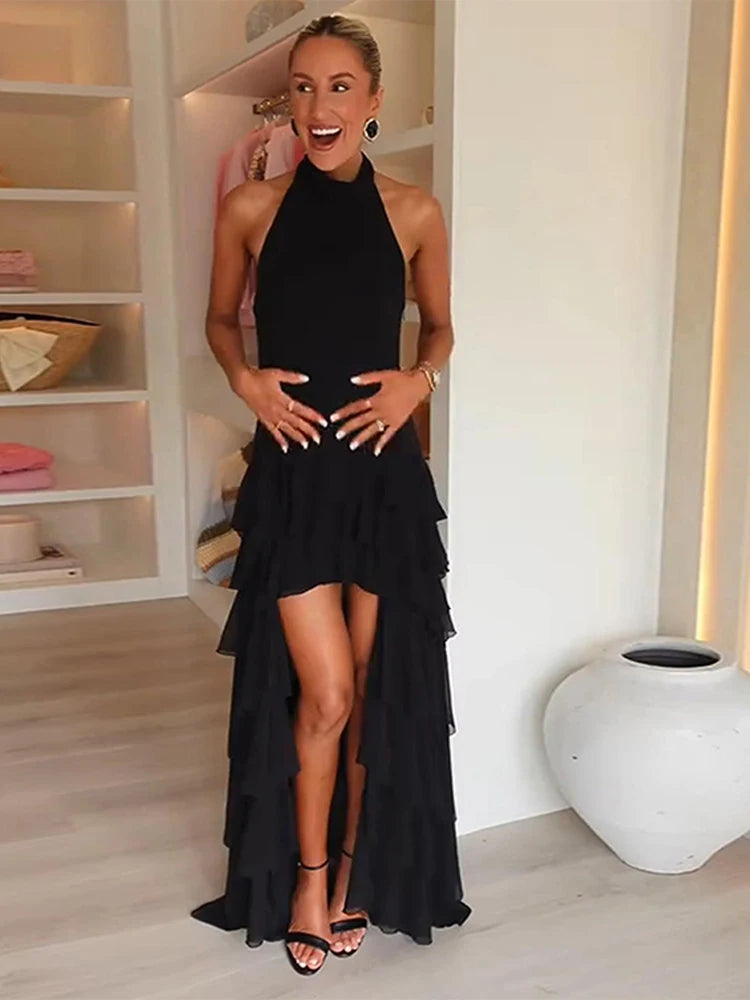 Vestido de festa elegante com babados, sexy, sem costas, sem mangas, estilo halter, para mulheres, verão 2025, chique, bainha irregular, preto, robe feminino