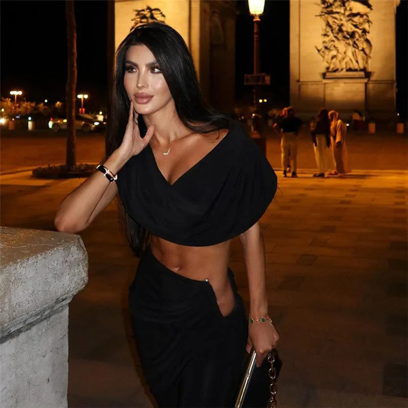 Conjunto de Calças Plissadas Decote em V Umbigo Exposto Sem Mangas Top Curto Slim Fit Calças Abraçando o Quadril