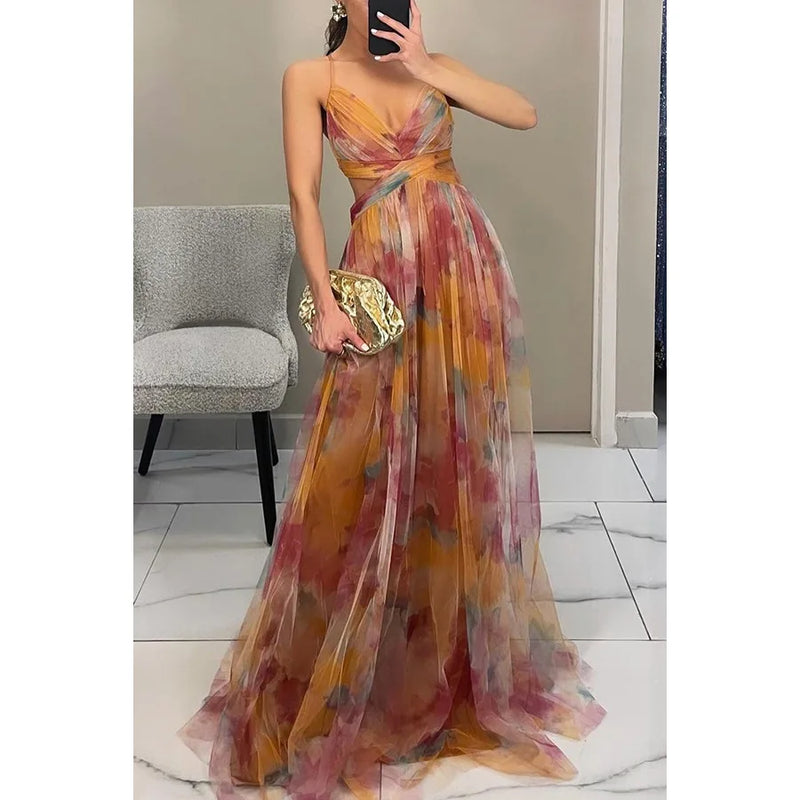 V-Neck Sexy Hollow Out Party Dress, Women Summer Loungewear Fashion Printing Maxi Dress, Sleeveless Lace-Up Ladies Dress Vestido