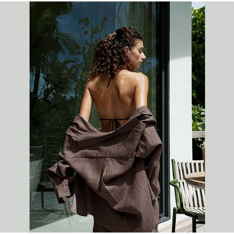 Conjunto casual de calças retas e soltas, moda primavera e outono, manga comprida, camisa de botão único, roupa chique