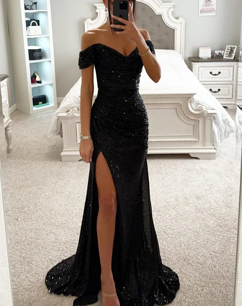Women New Party Sequins Strapless Split Dress Casual Fashion Dress Solid Color High Waist Floor Length