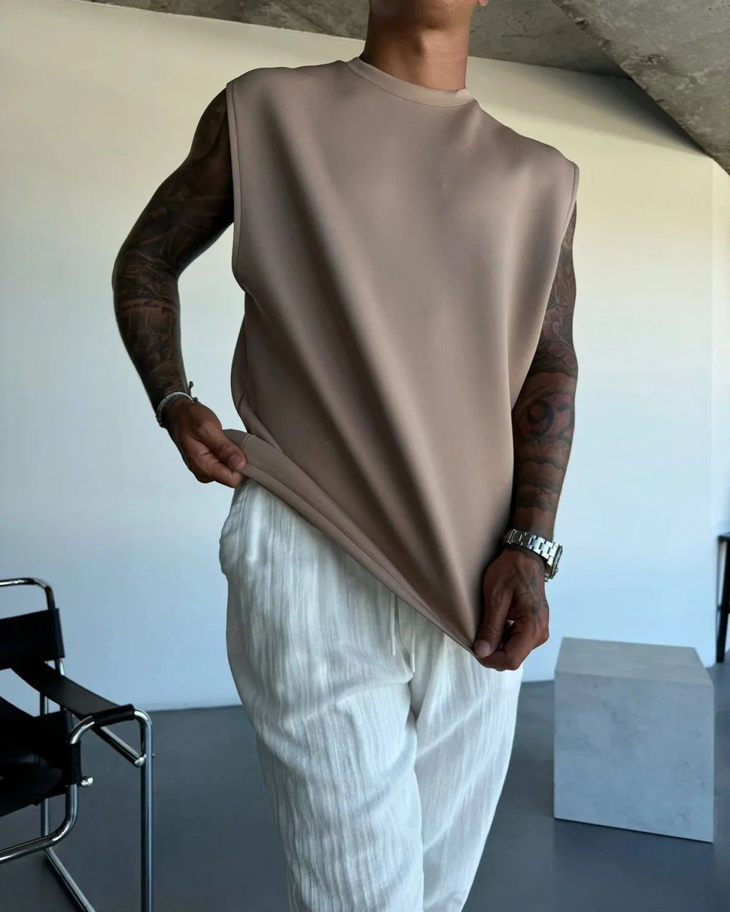 Terno esportivo sem mangas 2025 calças casuais masculinas de cor sólida, colete de roupas masculinas, conjunto de duas peças