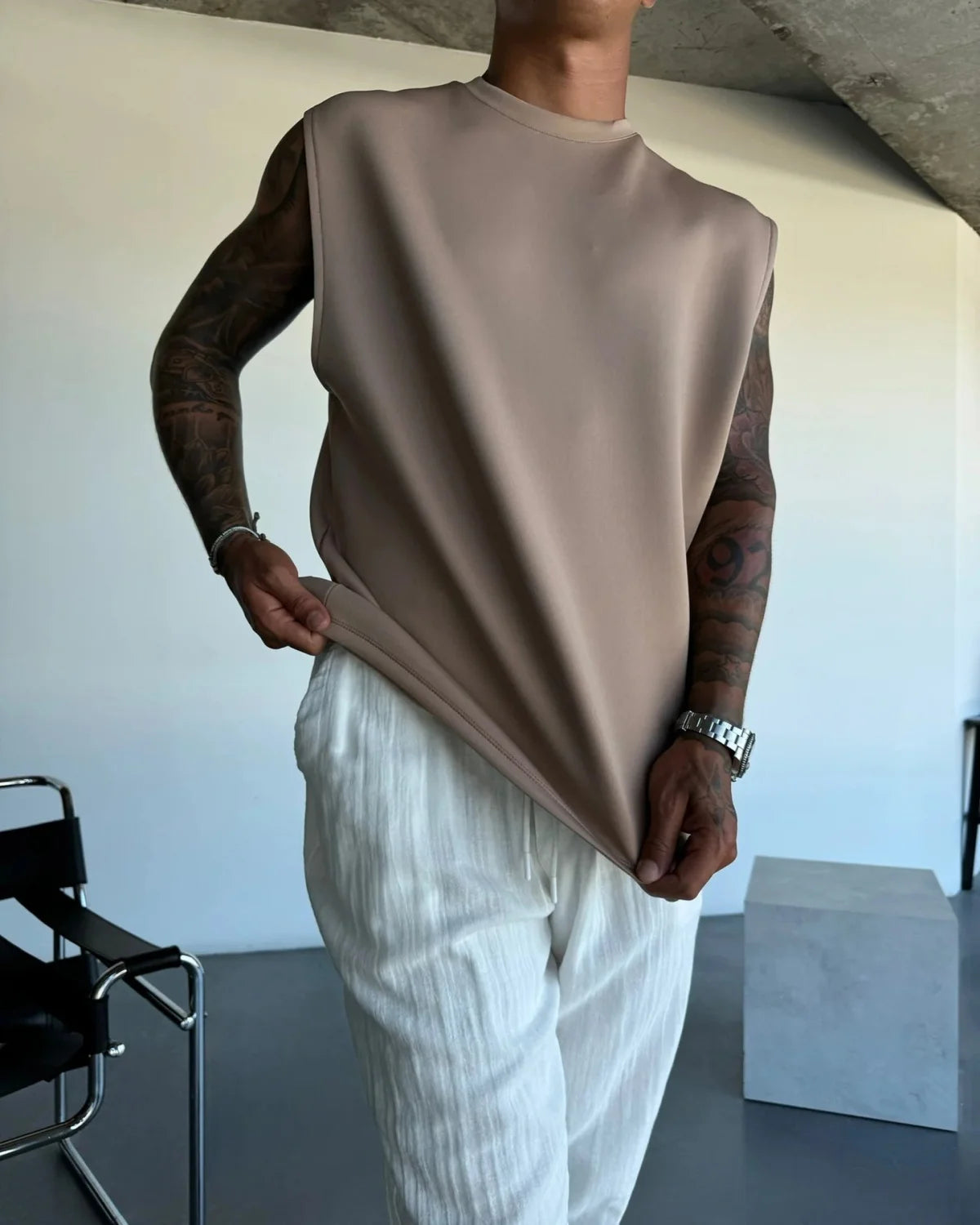 Terno esportivo sem mangas 2025 calças casuais masculinas de cor sólida, colete de roupas masculinas, conjunto de duas peças