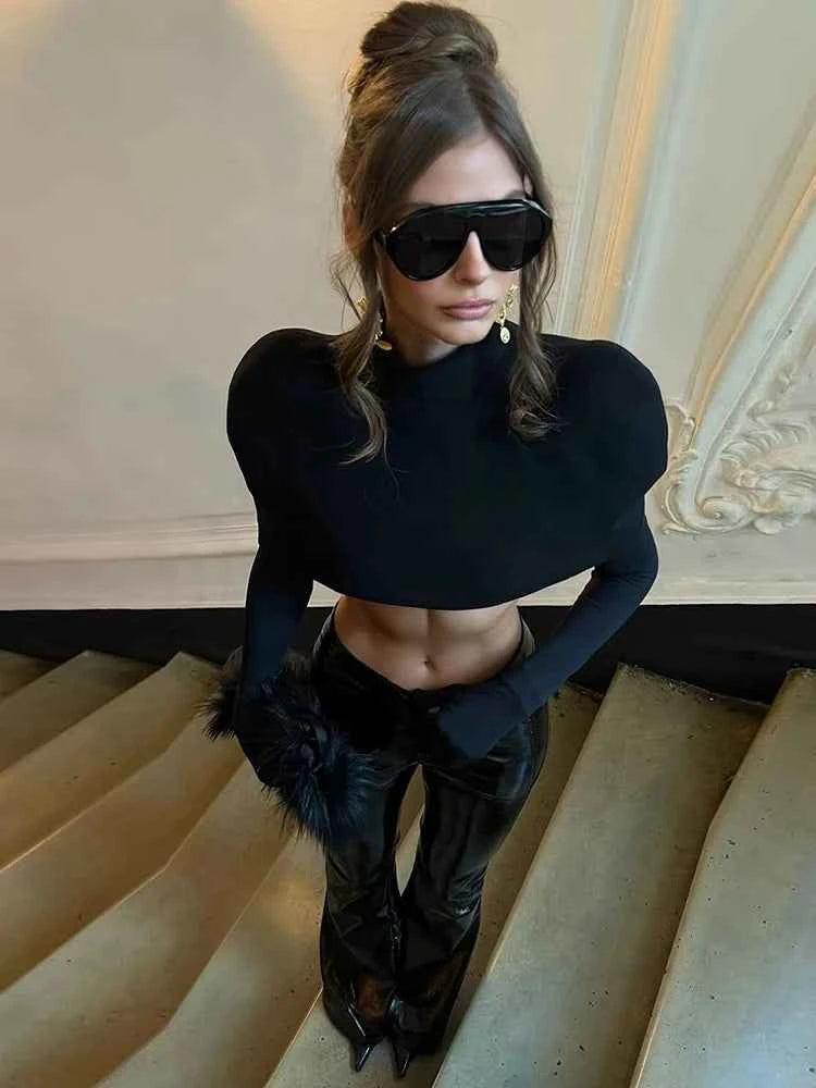 Nibber Simple Two Pieces Crop Tops Women Turtleneck Zipper Shoulder Pads Tops+o-Neck Long-Sleeve Glove t-Shirts Sexy Streetwear