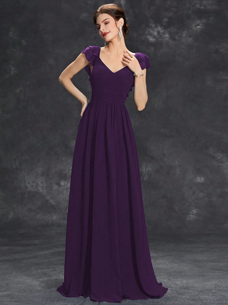 Vestido de noite longo com decote em V, manga curta, babados, renda, vestido de baile, vestido de festa, vestido de madrinha
