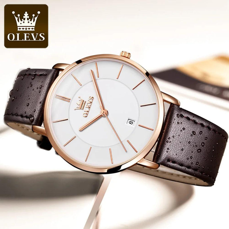 Top Brand OLEVS Ultra Thin 6.5mm Minimalist Fashion Quartz Watch for Men Leather Strap Auto Date Male Waterproof Mens Wristwatch - CRAVO ROSE