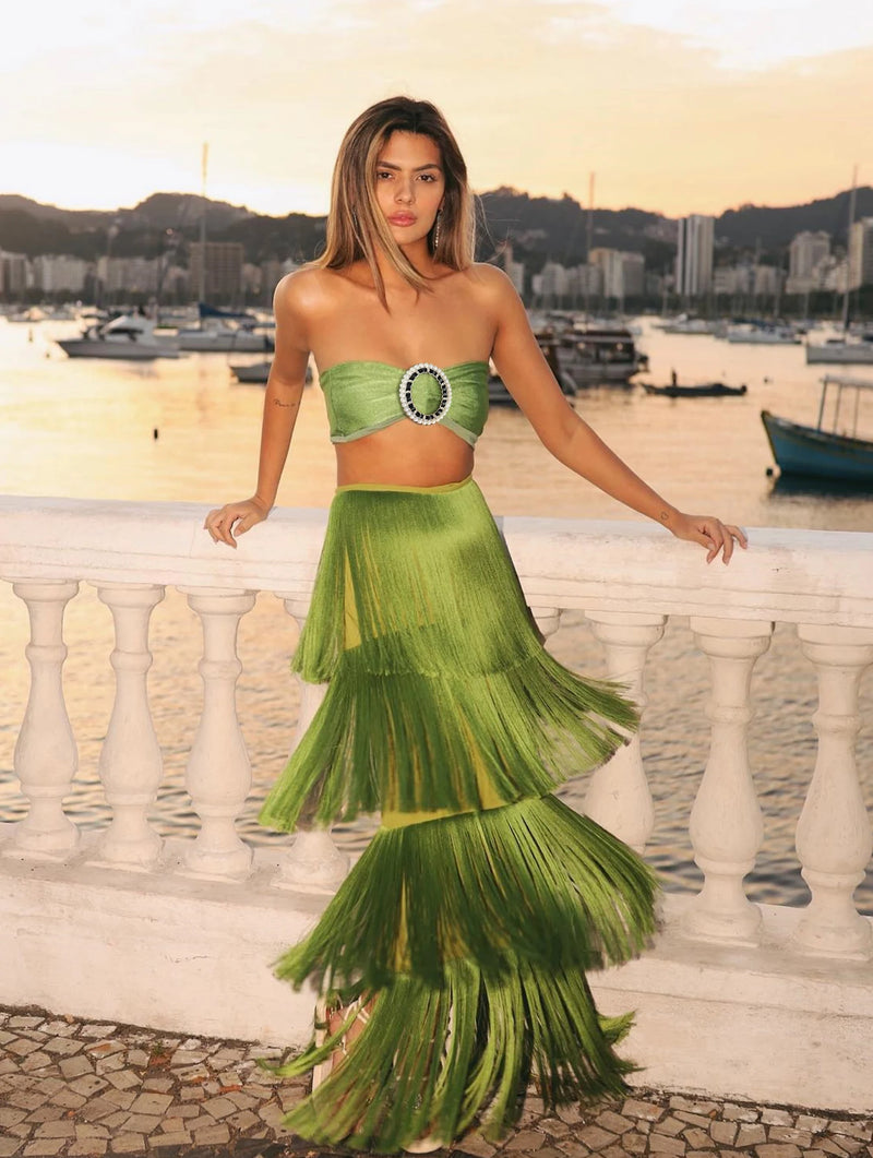 Tassel Skirt Set  Women  A Line Skirt High Waist Beach Skirt Bandage Super Short Top Summer Beach Holiday Party Bathing Suit