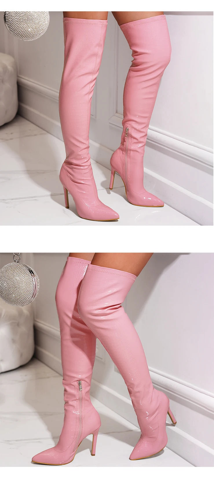 Botas Femininas Listradas de Salto Fino de 11 CM  Sexy Acima do Joelho com Zíper Lateral e Bico Fino