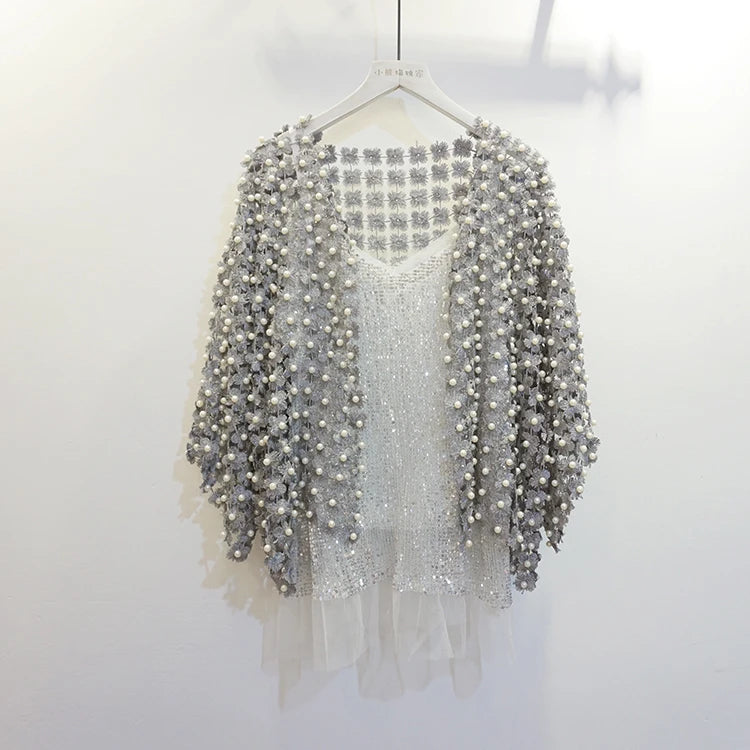 Women Beads Coat 2025 Summer Style Women Perspective Shawl Fashion Hollow Out Lace Boleros Short Sleeve Coats Jackets Femal
