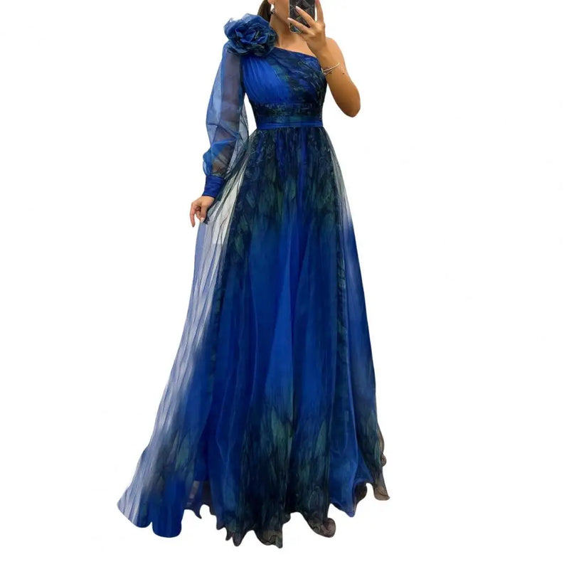 Cocktail Party Dress Elegant One Shoulder Evening Gown with 3d Flower Decor Pleated Mesh Detail Women's Banquet for Special