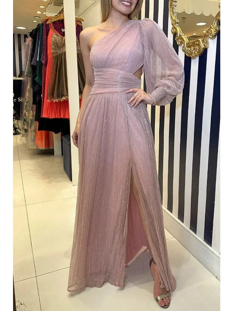 Women's Spring/Autumn Party Slant Shoulder Versatile Solid Color Elegant Dress Loose Casual Split Dress Waist Closing Dress