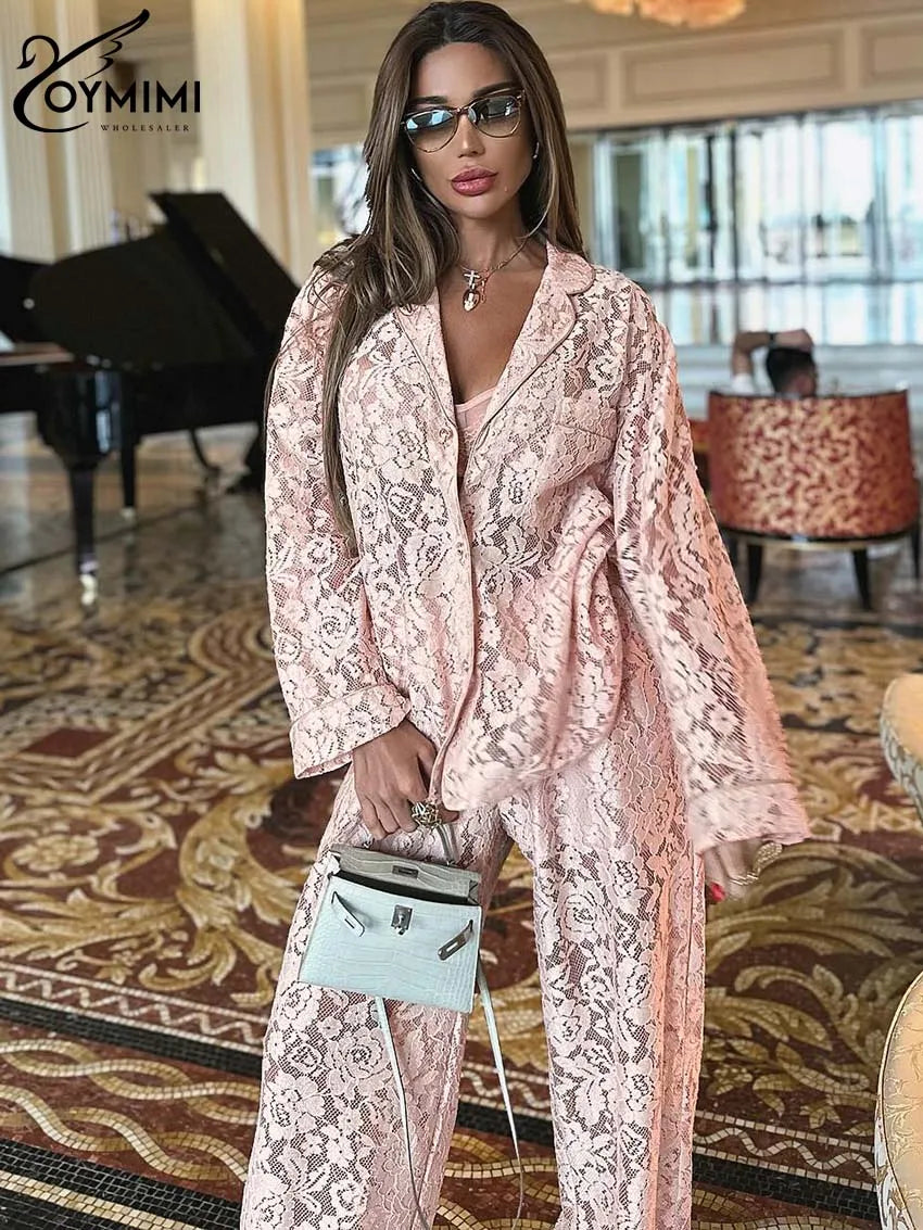Oymimi Summer Pink Perspective Sets Womens 2 Piece Casual Long Sleeve Button Shirts And High Waist Straight Trousers Female Sets