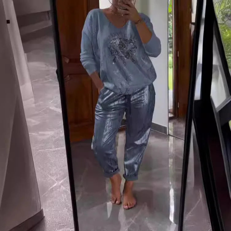 Women Two-piece Set Spring Long Sleeves Bronzing Loose Glossy Top Elastic Waist Pockets Trousers Pants Set Casual Sport Outfit