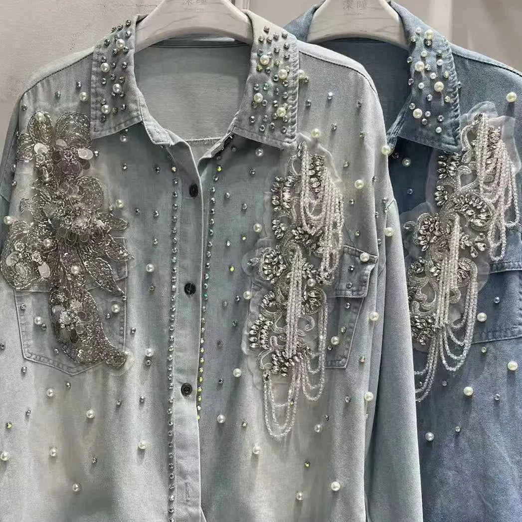 New In 2025 Autumn Trend Crystal tassel Stitch Denim Shirts and Blouses Women's Loose Casual Denim Top  Jacket Woman Clothes