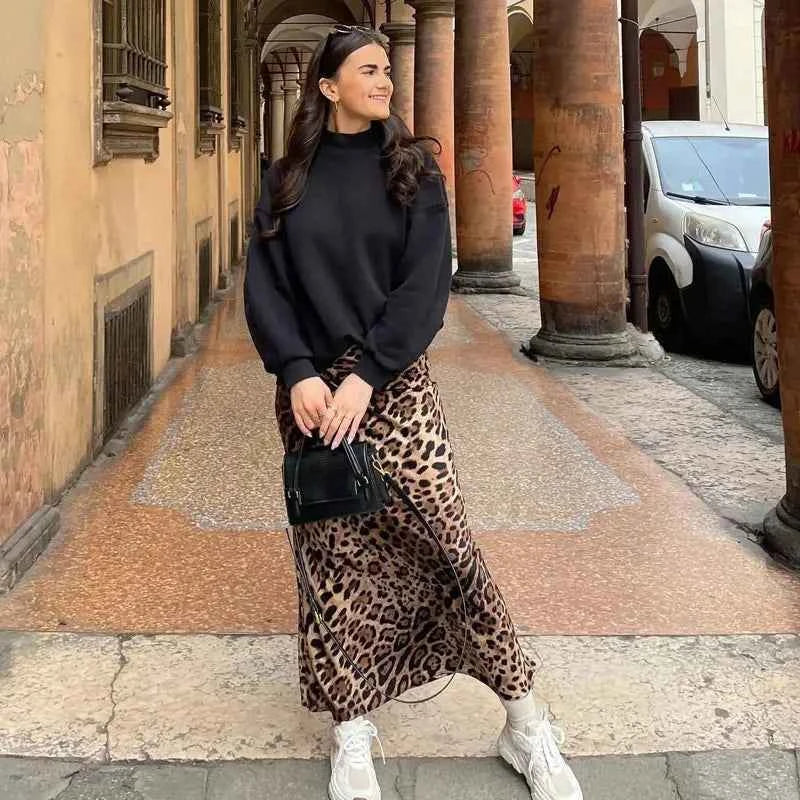 HXAO Leopard Print Women's Midi Skirt High Waist Stylish Long Skirts For Women Fall Vintage Satin Skirt Woman Elegant Skirts