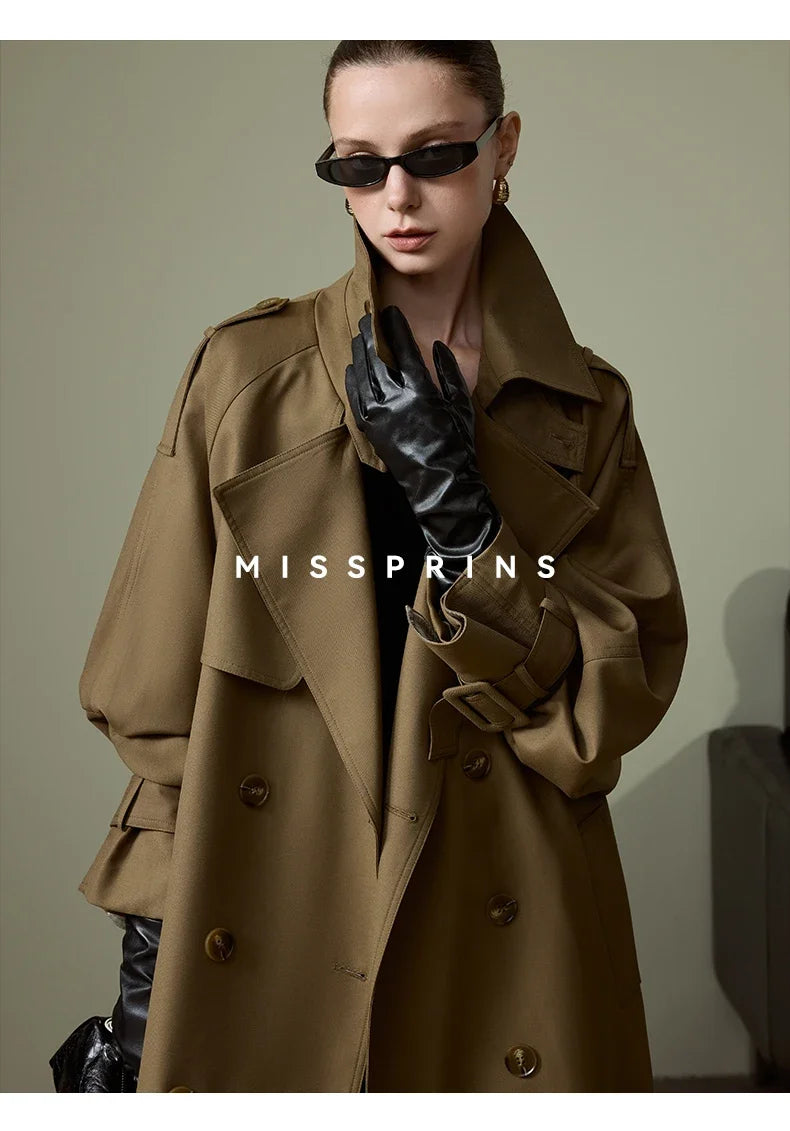 Lautaro Spring Autumn Long Khaki Trench Coat for Women Belt Double Breasted Chic Luxury Designer European Fashion Clothes 2025