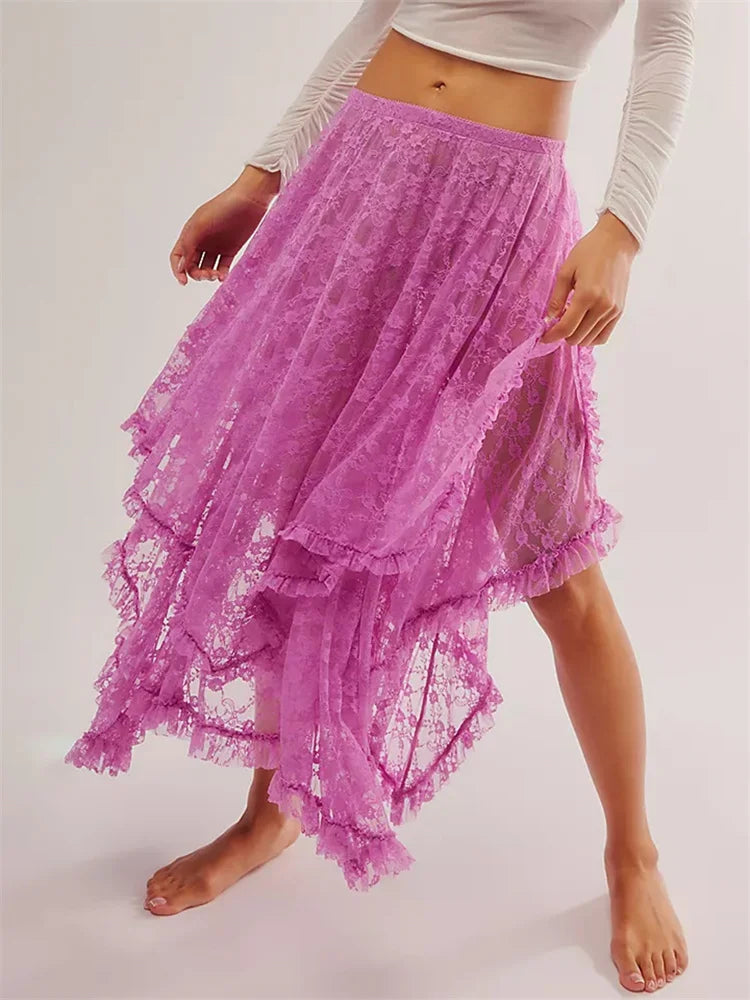 Saias longas femininas de renda, casuais, bainha irregular, camadas, babados, cintura elástica,urbana