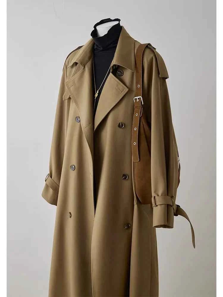 Lautaro Spring Autumn Oversized Khaki Long Trench Coat for Women Double Breasted Loose Casual Black Korean Fashion Overcoat 2025