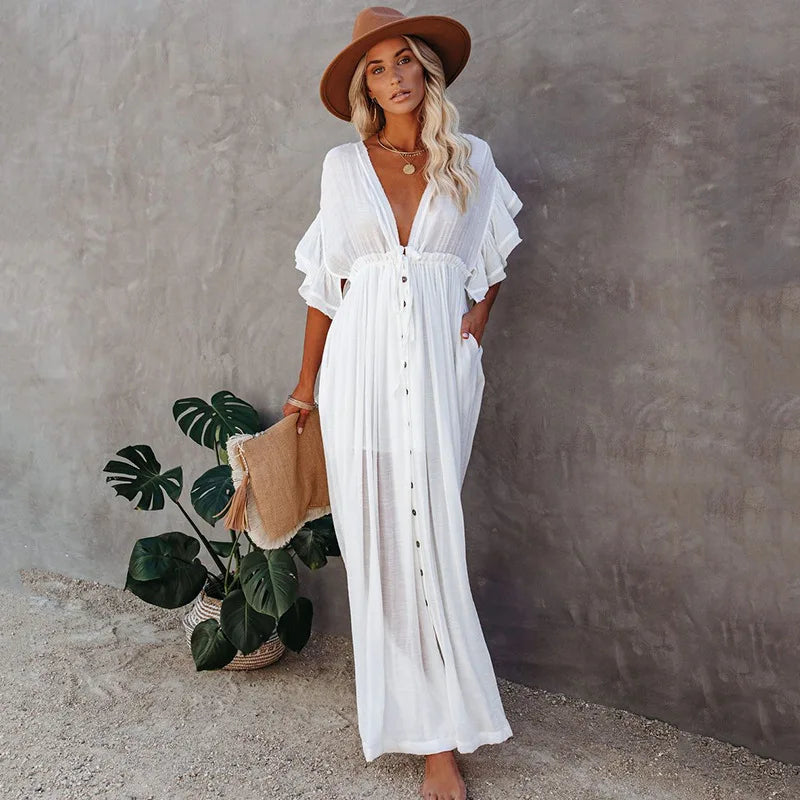 Blusa de biquíni com botões e cintura alta, saia longa, cardigan, jaqueta de praia para férias, proteção solar