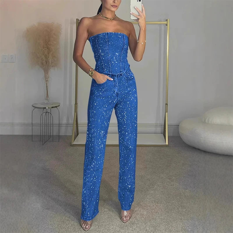 Conjunto jeans feminino com strass brilhantes, espartilho modelador, top curto, jeans slim fit, roupa de festa, boate, estilo cowgirl