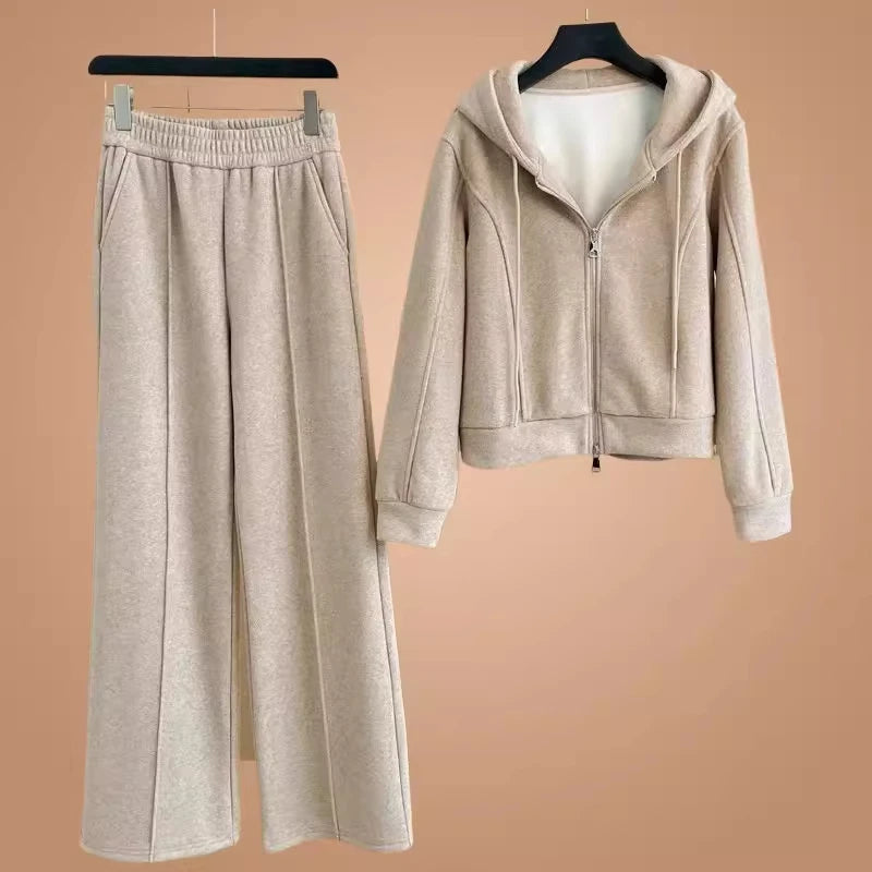 Women's Fleece Lined Thick Casual Sports Suit Set Hoodie Jacket Wide Leg Pants Two Piece Set Autumn Winter Fashion New Style