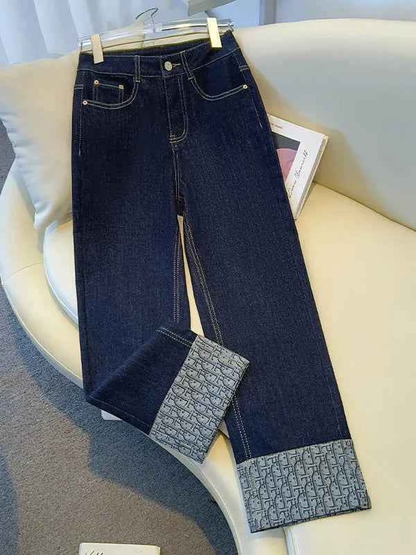 High-End Women's Straight Leg Jeans Loose Fit Spring Season Roll up Capri High Waist Denim Blue Flip  Thermal Regulation