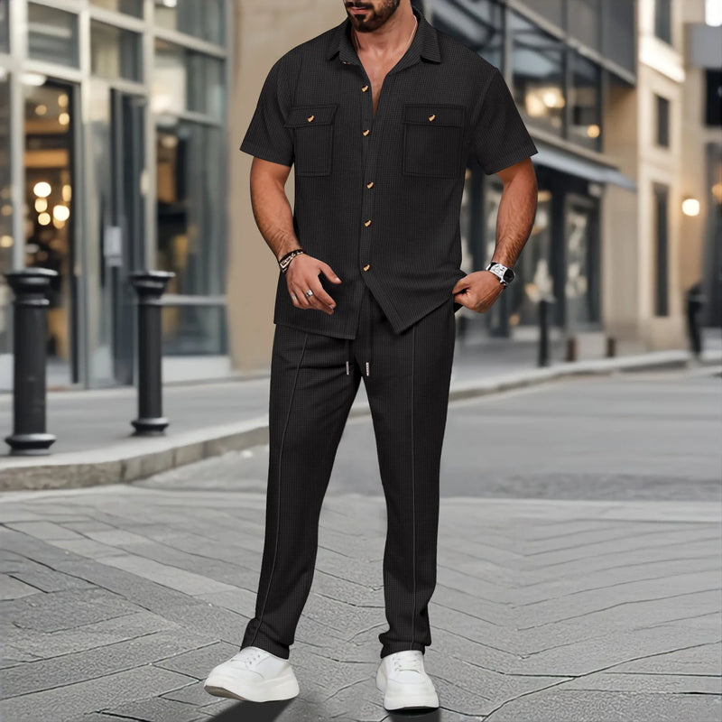 Conjunto de duas peças masculino, camisa casual leve, cor sólida, bolso com botão, tendência waffle, manga curta, calça, verão 2025