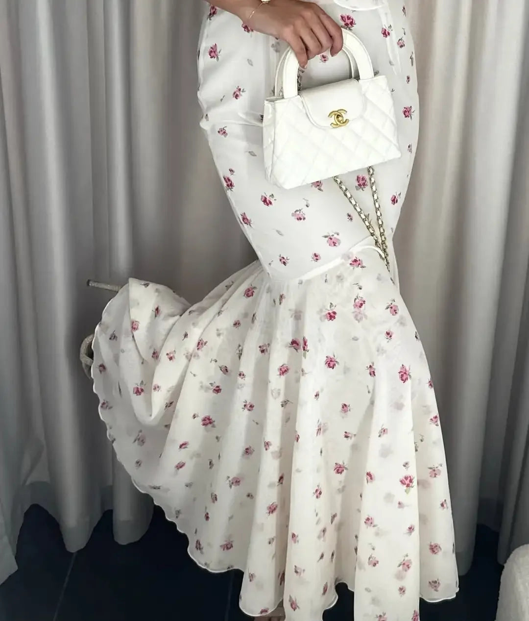 Women White Floral Print Maxi Dress V Neck Puff Sleeve Peplum Waist Fishtail Hem Chiffon Robe Elegant Party Wedding Guest Gown