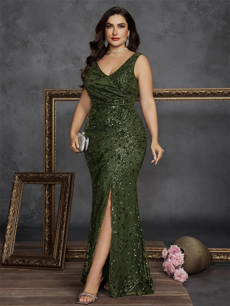 BLUEPLUM Plus Size Elegant Slit Evening Dress 2025 Long Mermaid Formal Sequins Sexy V-neck Caicktail Wedding Party Prom Gowns