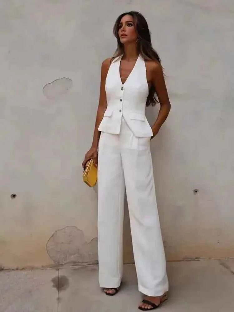 HH Pant Sets For Women Fashion Yellow Backless Button Halter Crop Vest Top Straight Trousers Elegant Office Lady Suit