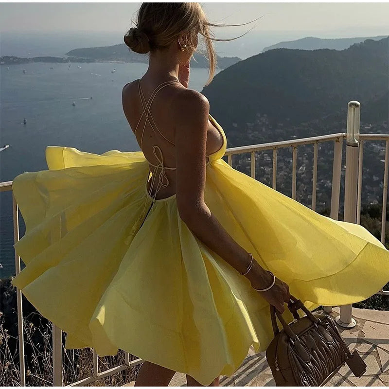 2025 Sexy Backless Lace Up Women's Sling Mini Dress Chic Solid High Waist Loose Pleated Hem Vestido Lady Summer Party Beachwear