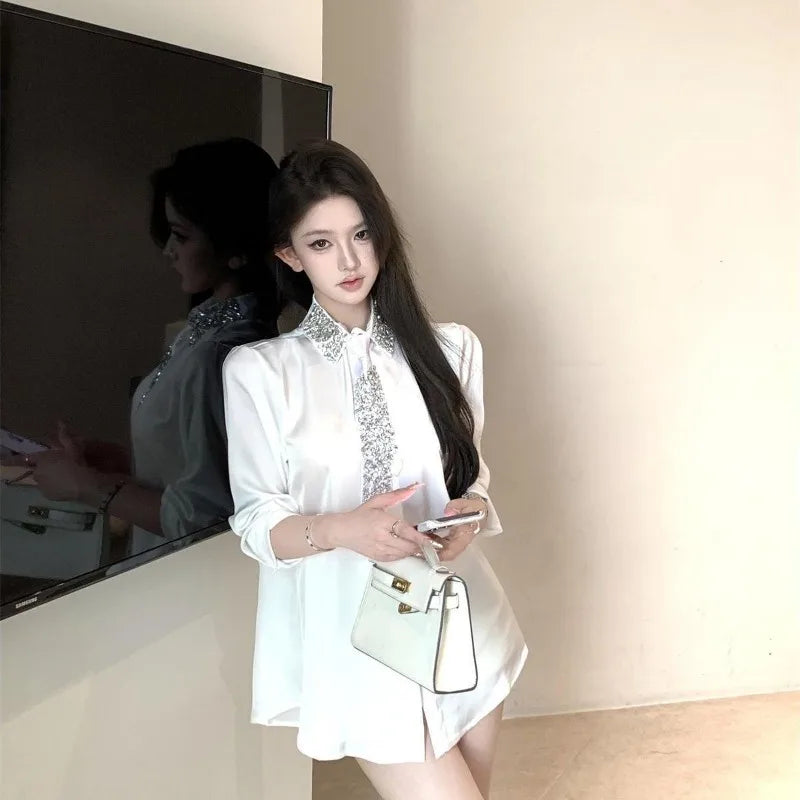 Camisas de cetim com gravata diamantes para mulheres, blusas soltas de manga comprida com lapela e lapela, elegantes francesas, para combinar com todas as mulheres, primavera 2025