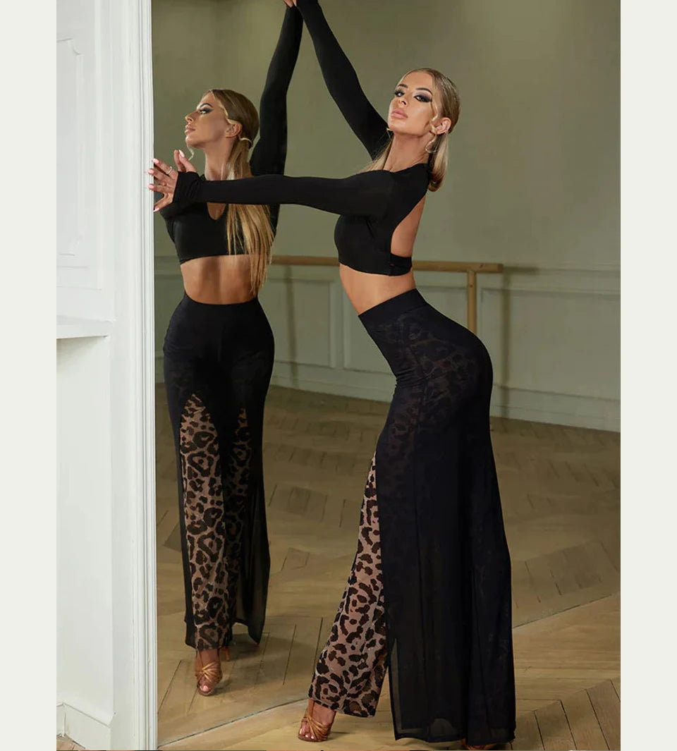 Roupas de dança latina para treinamento, performance, sexy, malha, estampa de leopardo, calças de dança, calças de tiro alto, femininas, roupa de dança, palco moderno