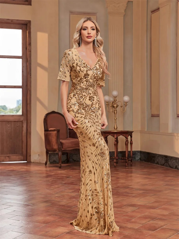 XUIBOL Luxury V-neck Short sleeves Sequins Formal Evening Dress For Women 2024 Mermaid Elegant Party Mermaid Cocktail Prom Gown