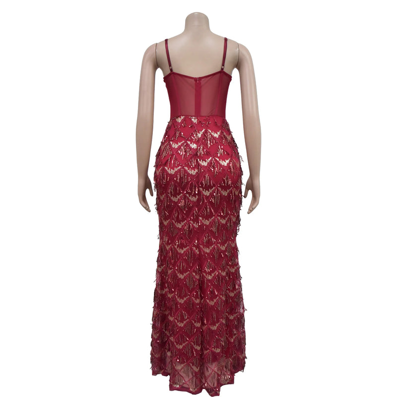 Women Sling Dress Floor Length Dresses Sequin Mesh Party Slim Bodycon Sheath Mesh Drilling Elegant Gown Sexy Vestidos 2024