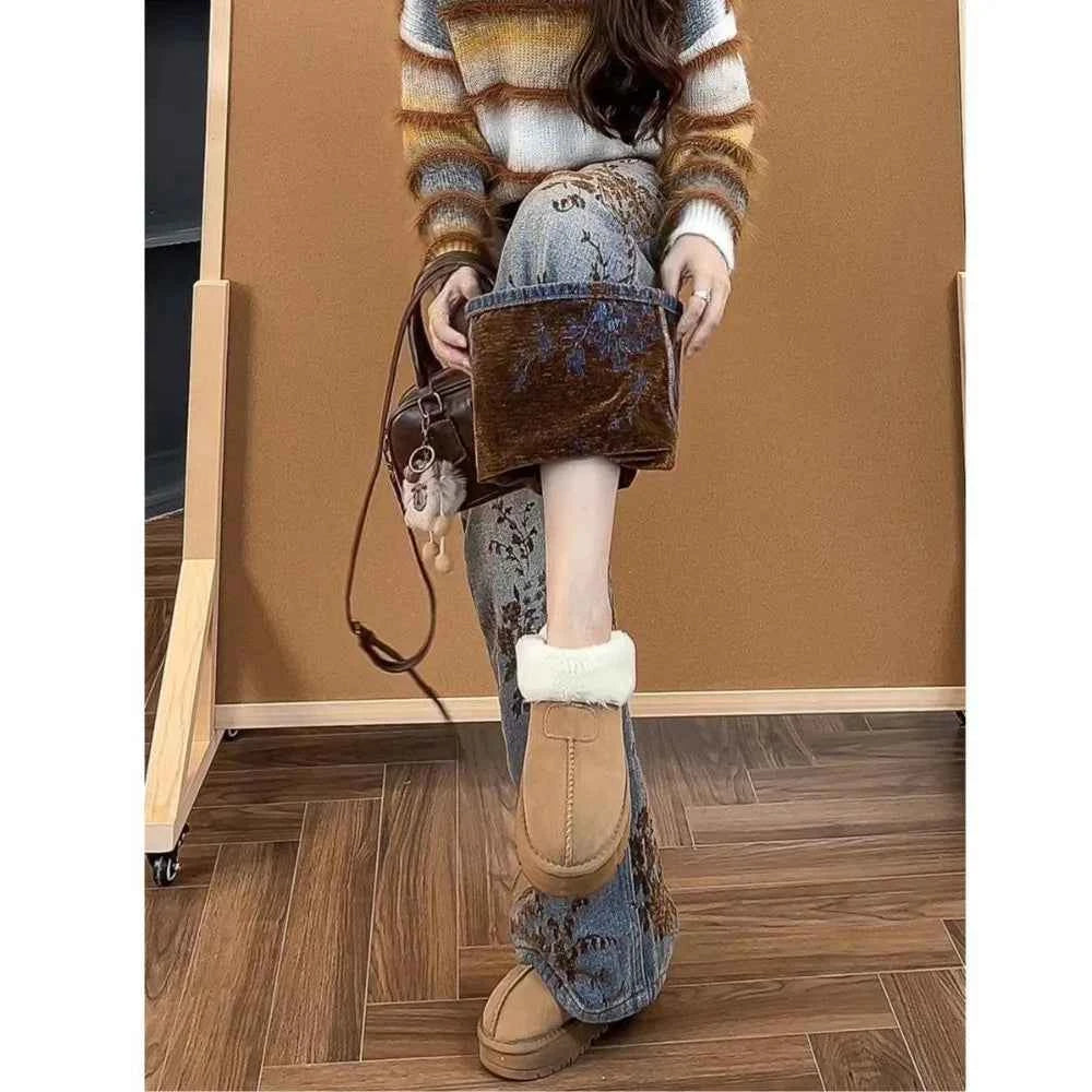 Women's Fashion Flocked Jacquard Wide-Leg Jeans - 2025 New Winter Style, High-Waisted, Slimming, Straight-Leg