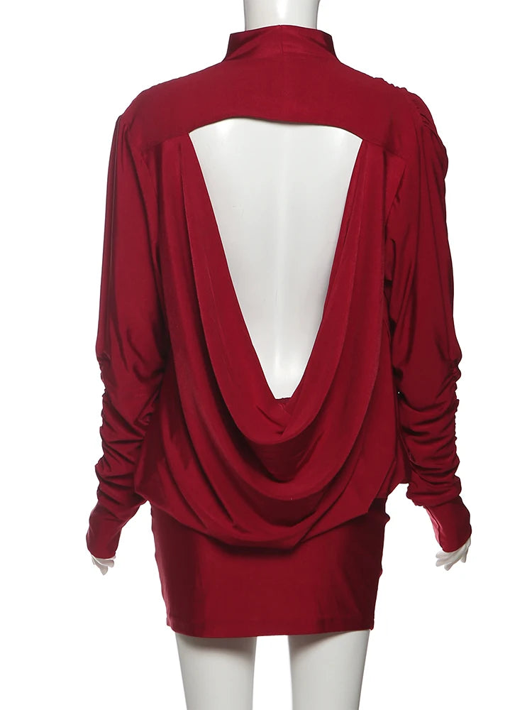 Nibber Backless Dress Women Full Sleeve Turtleneck Folds Solid Skinny Birthday Party Autumn Trend Elegant Chic Mini Bodycon