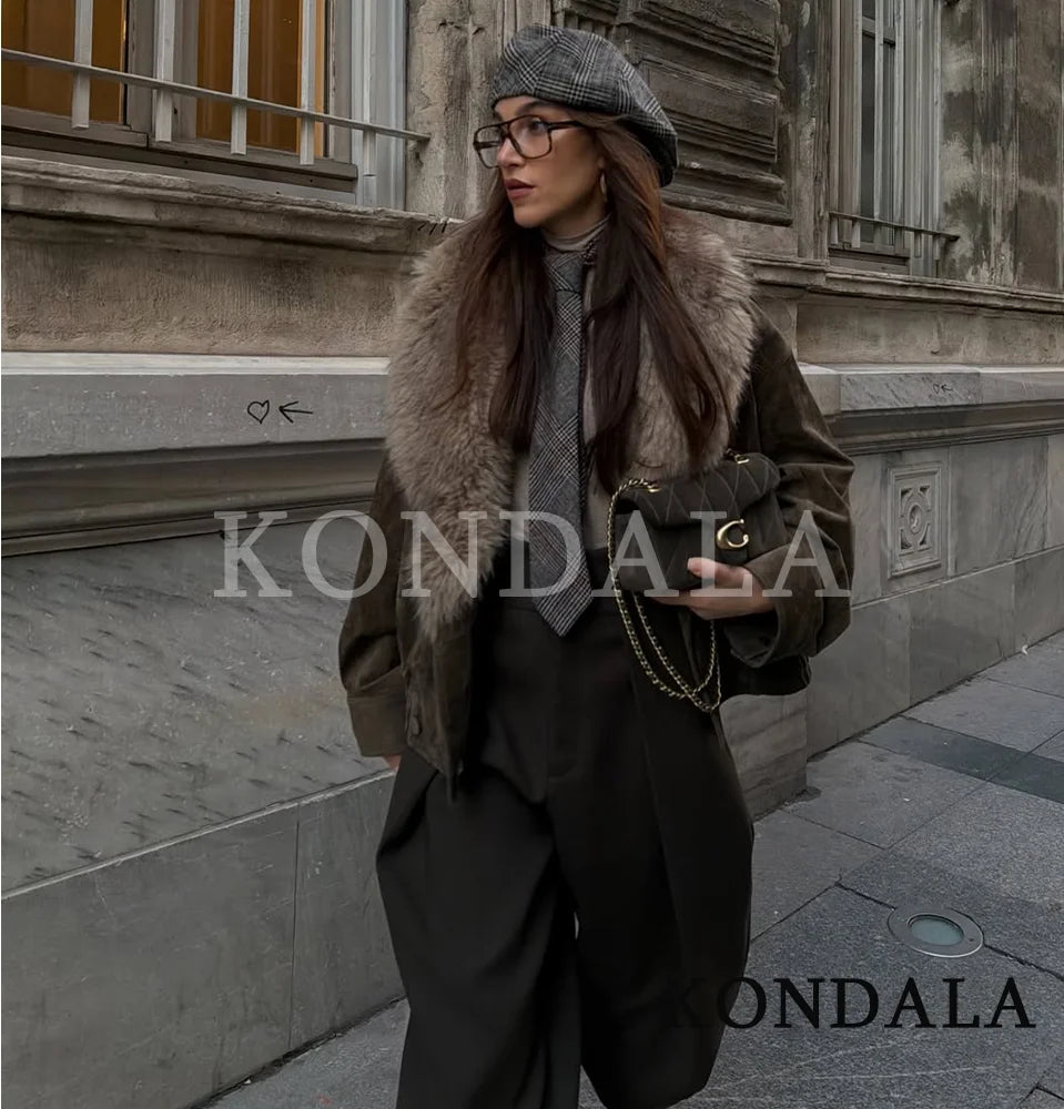 KONDALA Trendy Vintage Fur Collar Jacket Coat Women Elegant Double-breasted Suede Jacket 2026 Fall Winter High Street Jacket