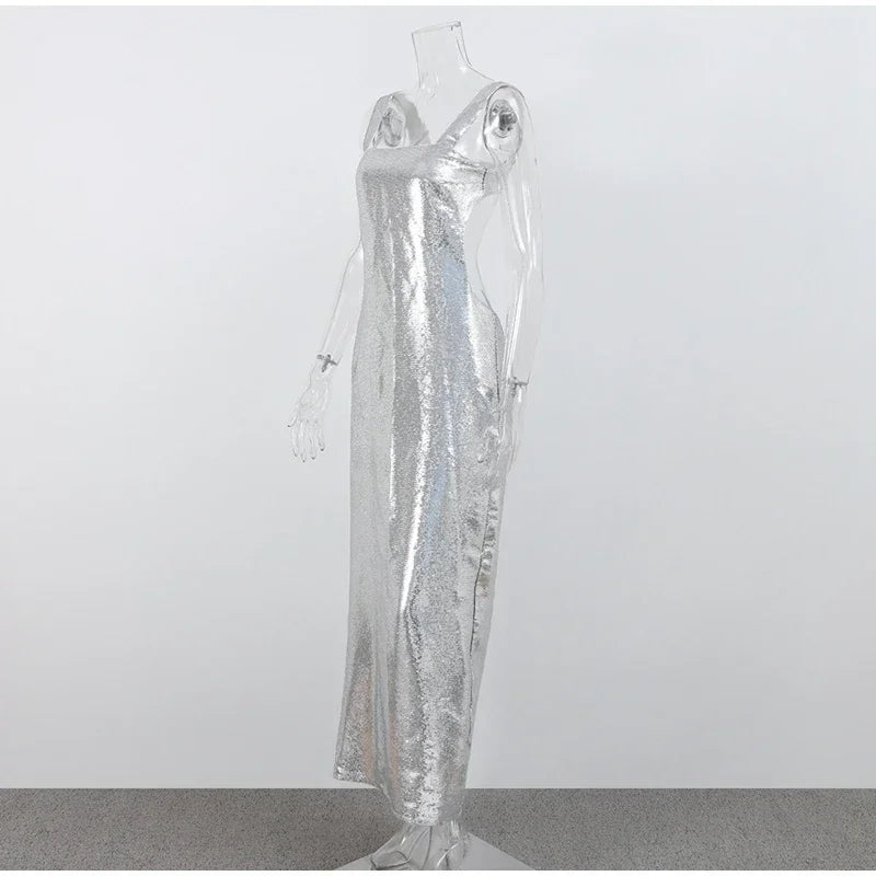 Jinia sexy sling backless silvery party women dresses evening luxury sequins bodycon sleepveless long dress ladies ball gown hot
