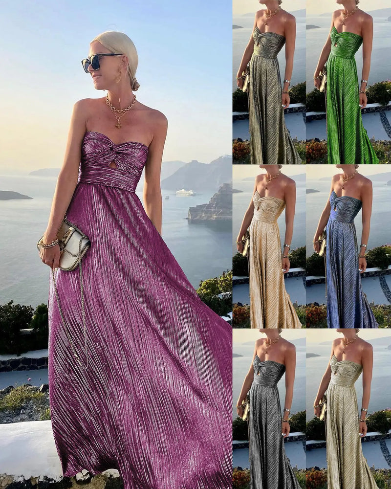 2024 Sexy Twist Strapless Hollow Out Long Dress Women Boho Elegant Bronzing Evening Dress Fashion Sleeveless A-Line Party Dress