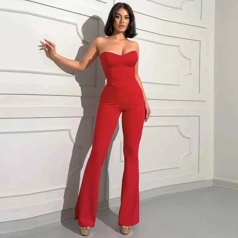 2025 Summer Women's Solid Color Back Strap Strapless Strapless Open Shoulder Tight Micro Flared Pants Jumpsuit