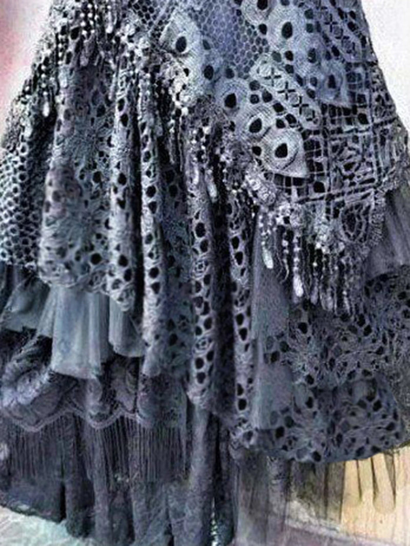 Saia assimétrica de renda elegante feminina, vintage, estilo boho, cintura alta, malha vazada, patchwork, camadas, maxi saias