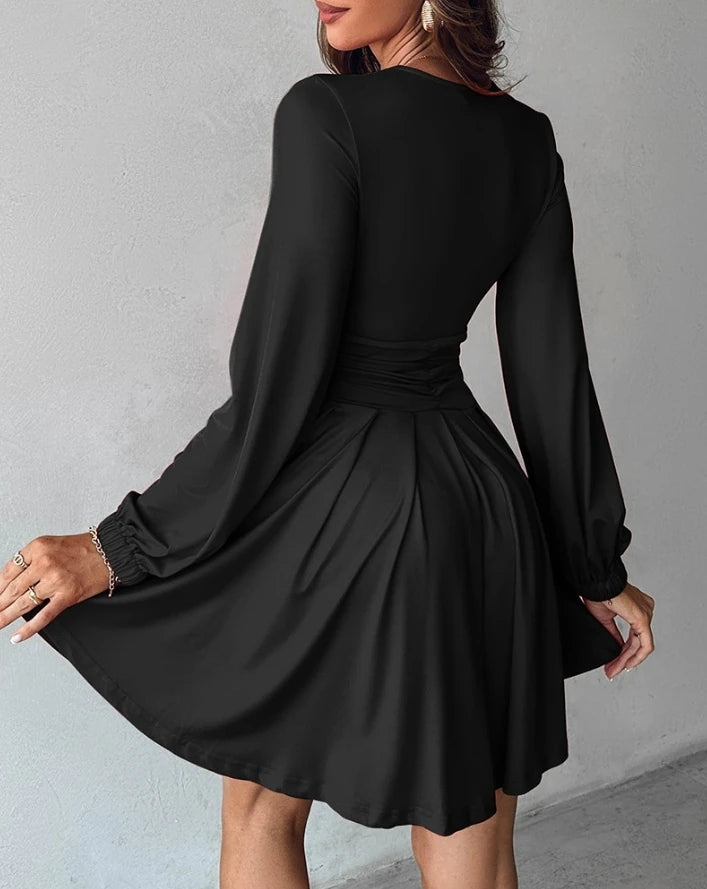 Women's Elegant Party Dress 2024 Summer Autumn Latest Casual Sexy Plumge Ruched Lantern Sleeve Mini Dress Button Short Skirt