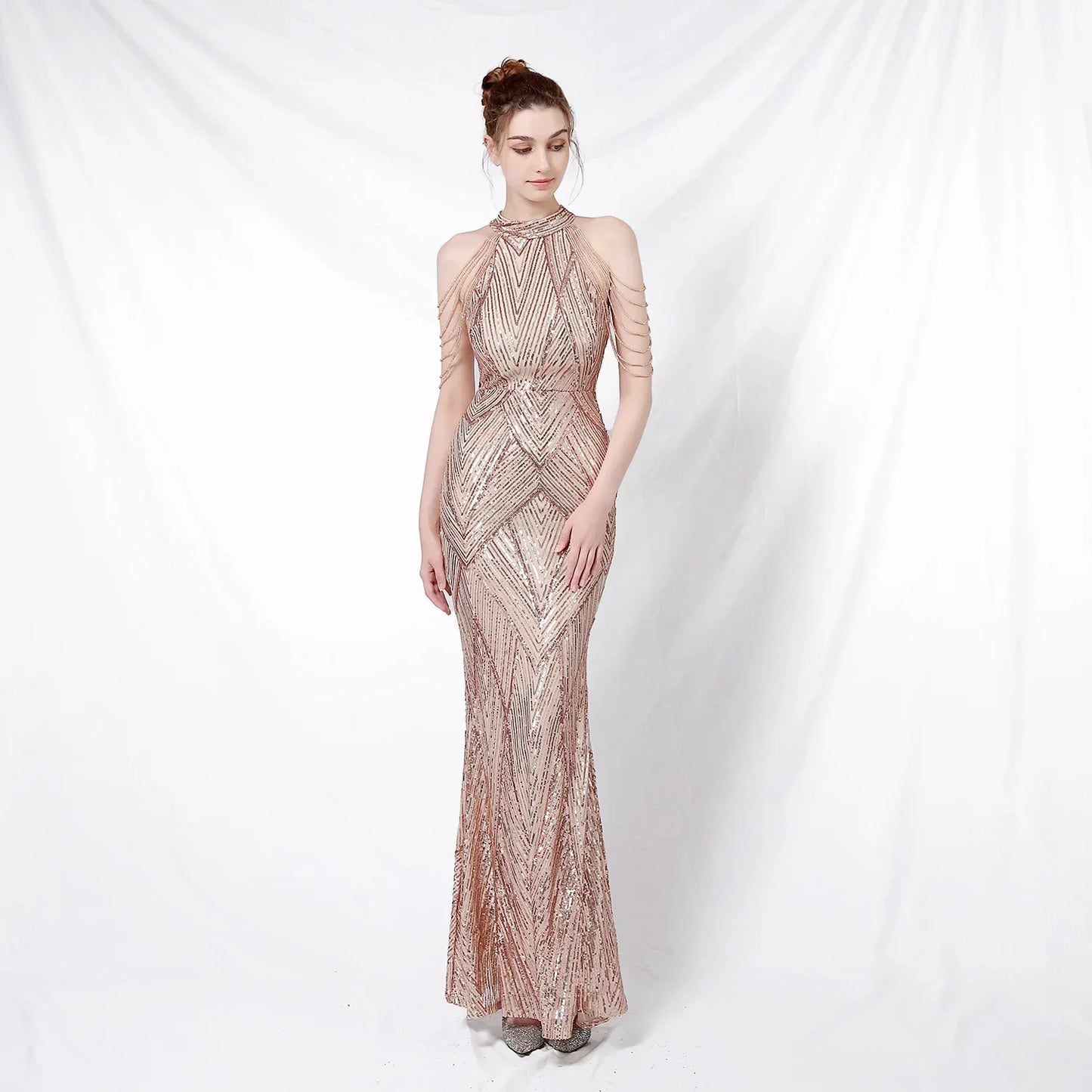Xmas Sequin Maxi Dress Halter Neck Stripe Mermaid Long Lady Coctail Prom Dress Party Evening Dancing Performance Shimmering Wear