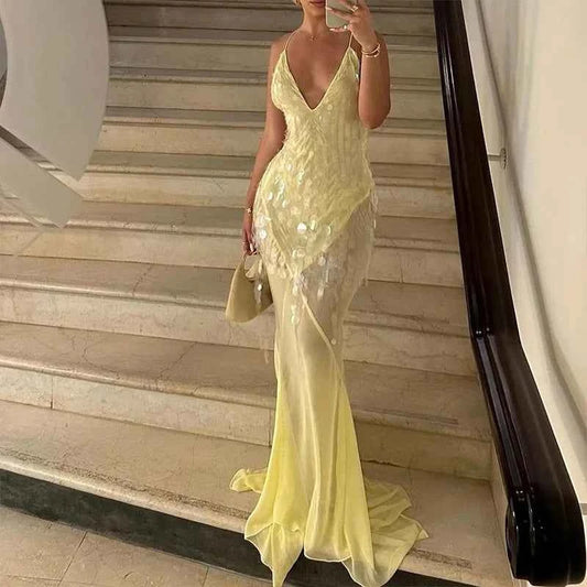 Sexy Deep V-neck Beaded Fishtail Dress Women Elegant Sleeveless Evening Dress Fashion Sequin Backless Hollow Out Slim Long Dress